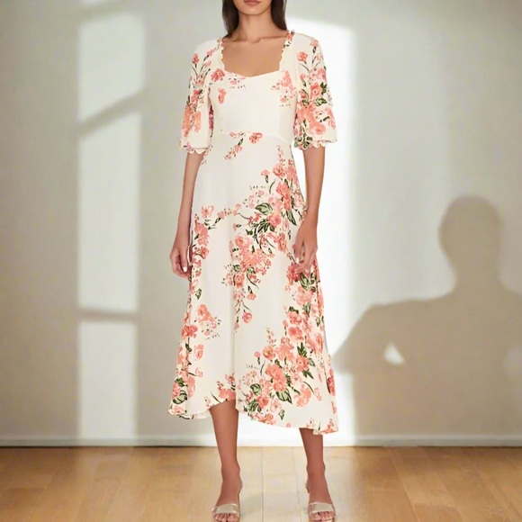 Faithfull the Brand Floral Puff Sleeve Light Butter Yellow Pink Midi Dress US 8 - Picture 1 of 15